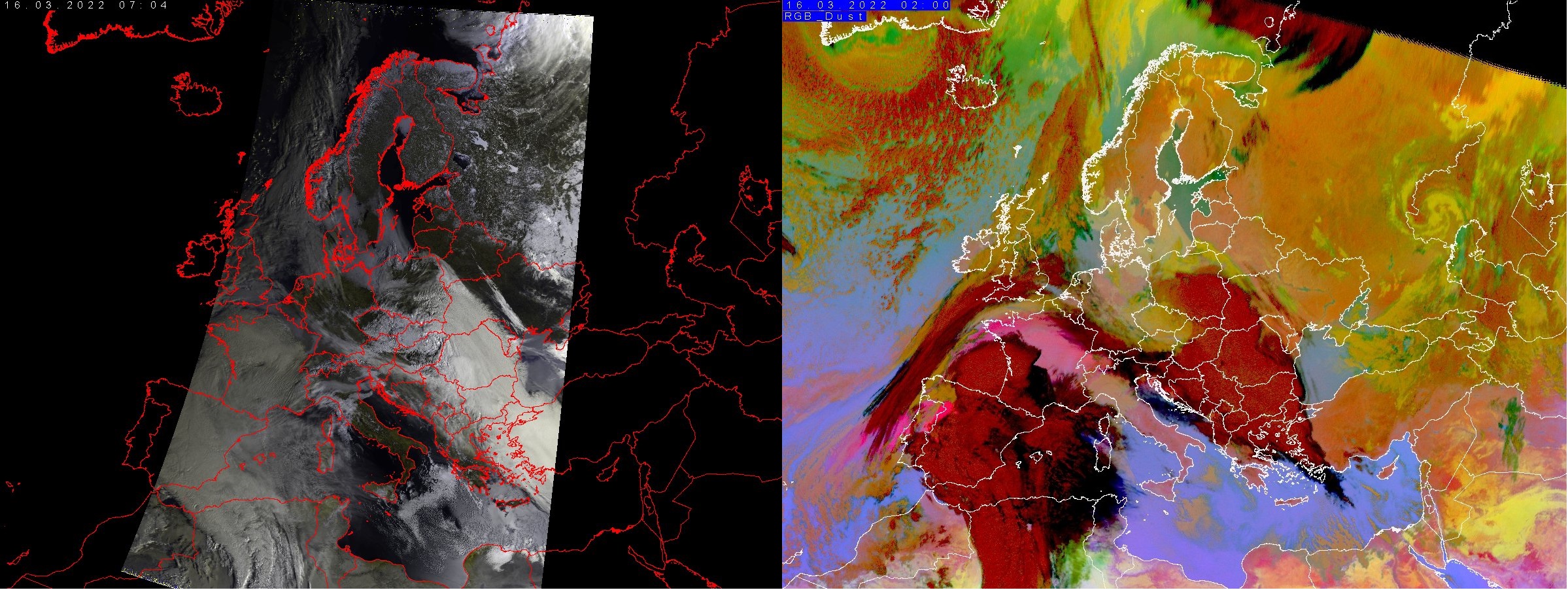 Po lewej: Kompozycja RGB False Colour wykonana 16 marca z godz. 07:04 z danych z satelity NOAA-19/AVHRR. Po prawej: Kompozycja RGB DUST  wykonana 16 marca z godz. 02:00 (źródło IMGW-PIB).