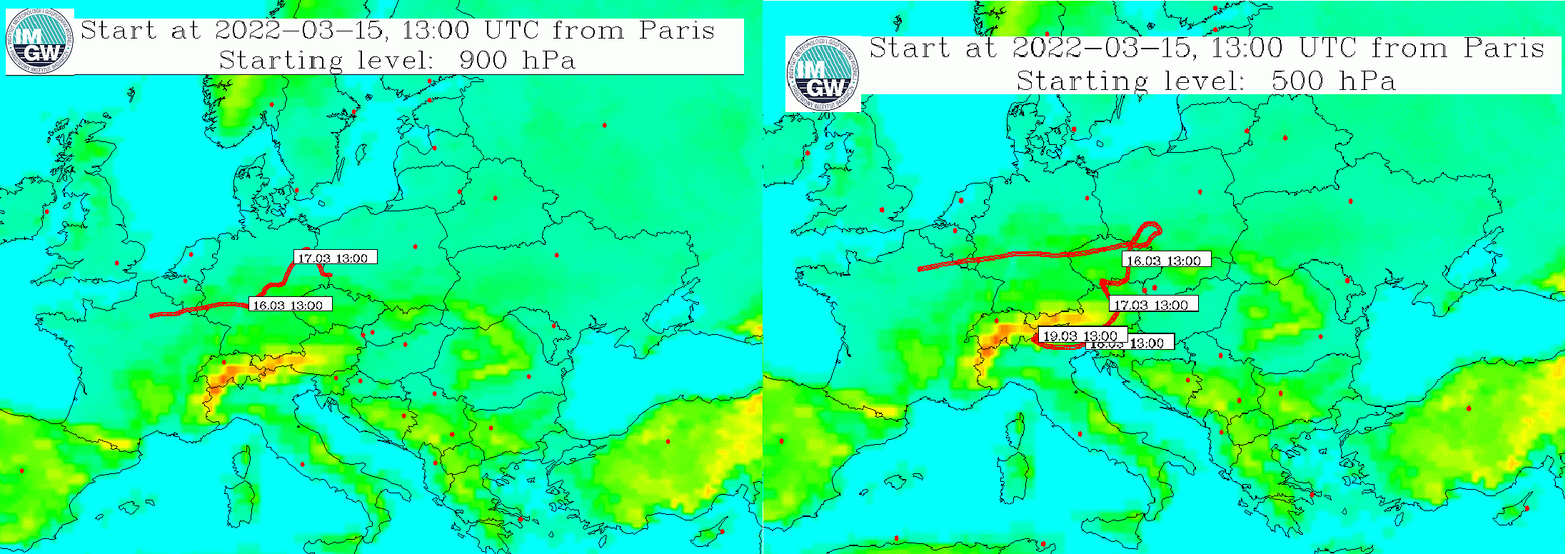 Po lewej:  Prognoza ruchu cząsteczek powietrza niosąca pył Saharyjski na wysokości  ok. 1 km n.p.m. wykonana 15 marca z godz. 14:00. Po prawej:  Prognoza ruchu cząsteczek powietrza niosąca pył Saharyjski na wysokości ok. 5,5 km n.p.m. wykonana 15 marca z godz. 14:00 (źródło IMGW-PIB).