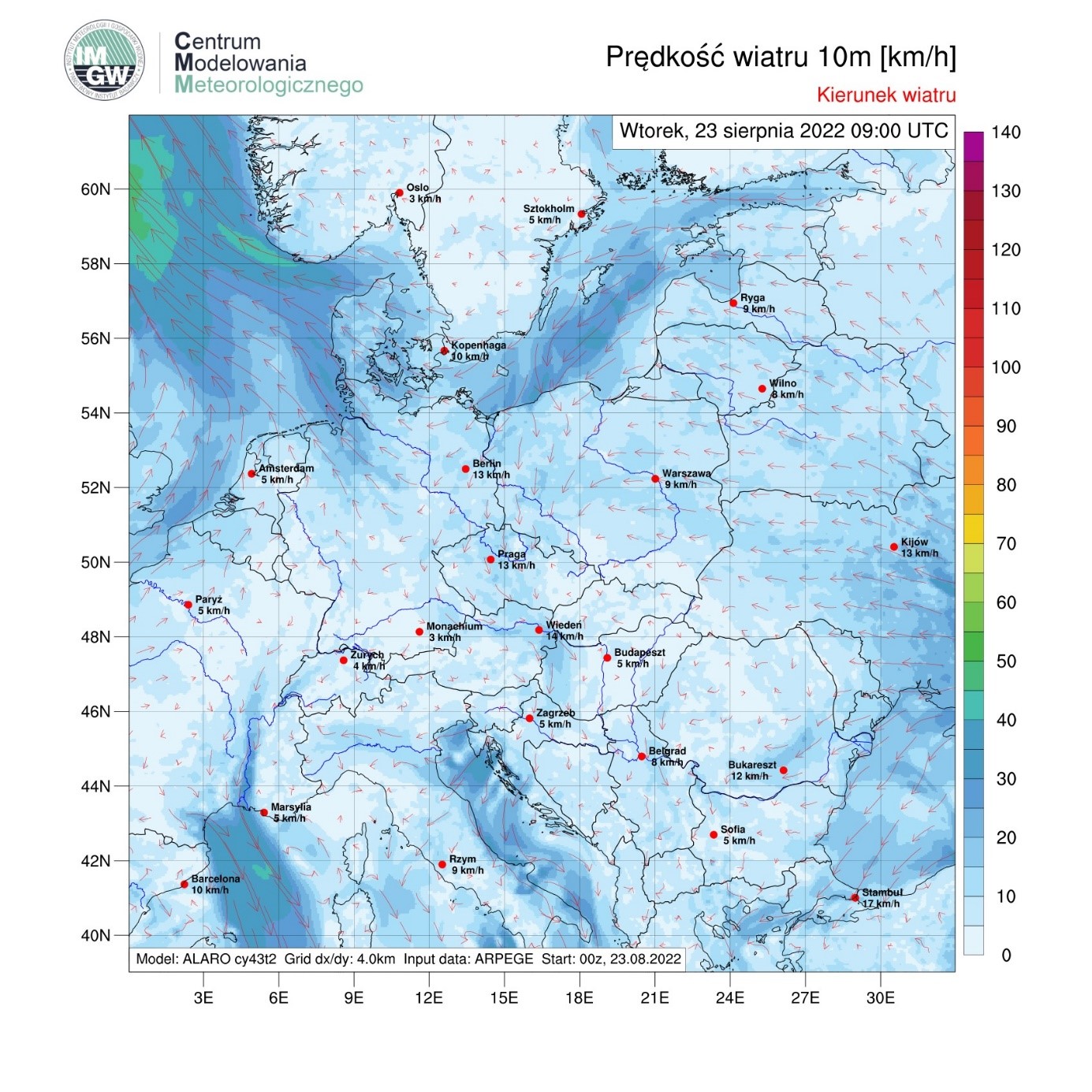 Prędkość i kierunek wiatru  nad Europą w dniu 23 sierpnia br. wg. IMGW 