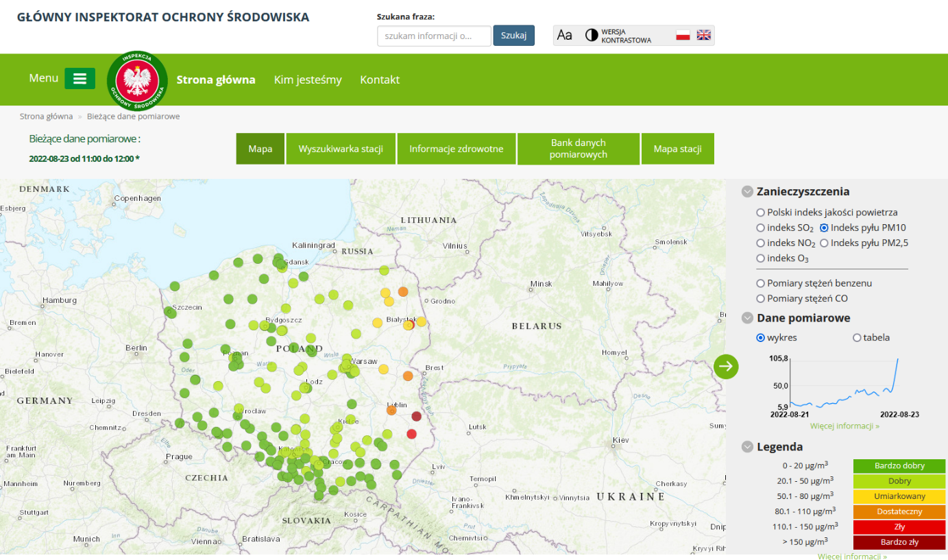 Mapa prezentująca Indeks jakości powietrza dla pyłu zawieszonego PM10, dane pomiarowe z godz. 10:00  23 sierpnia br.  https://powietrze.gios.gov.pl/pjp/current
