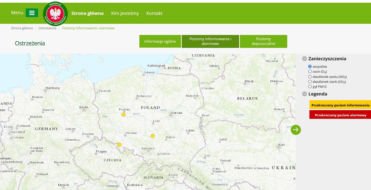 Mapa ostrzeżeń prezentująca informacje o wystąpieniu przekroczeń poziomu informowania dla pyłu zawieszonego PM10 