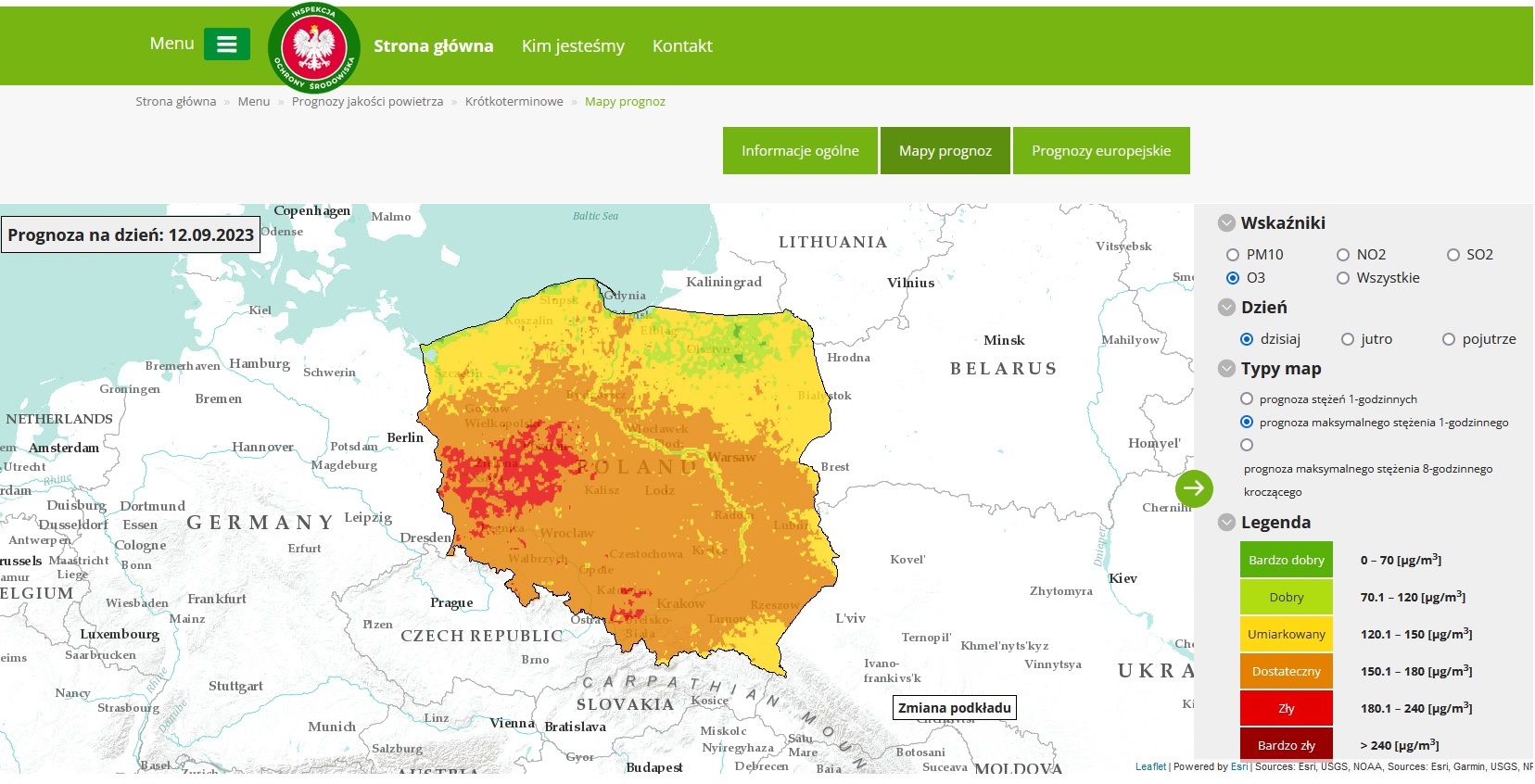 Mapa prognoz zanieczyszczenia powietrza ozonem na 12 września - najwyższe wartości w cetrealnej i zachodniej Polsce