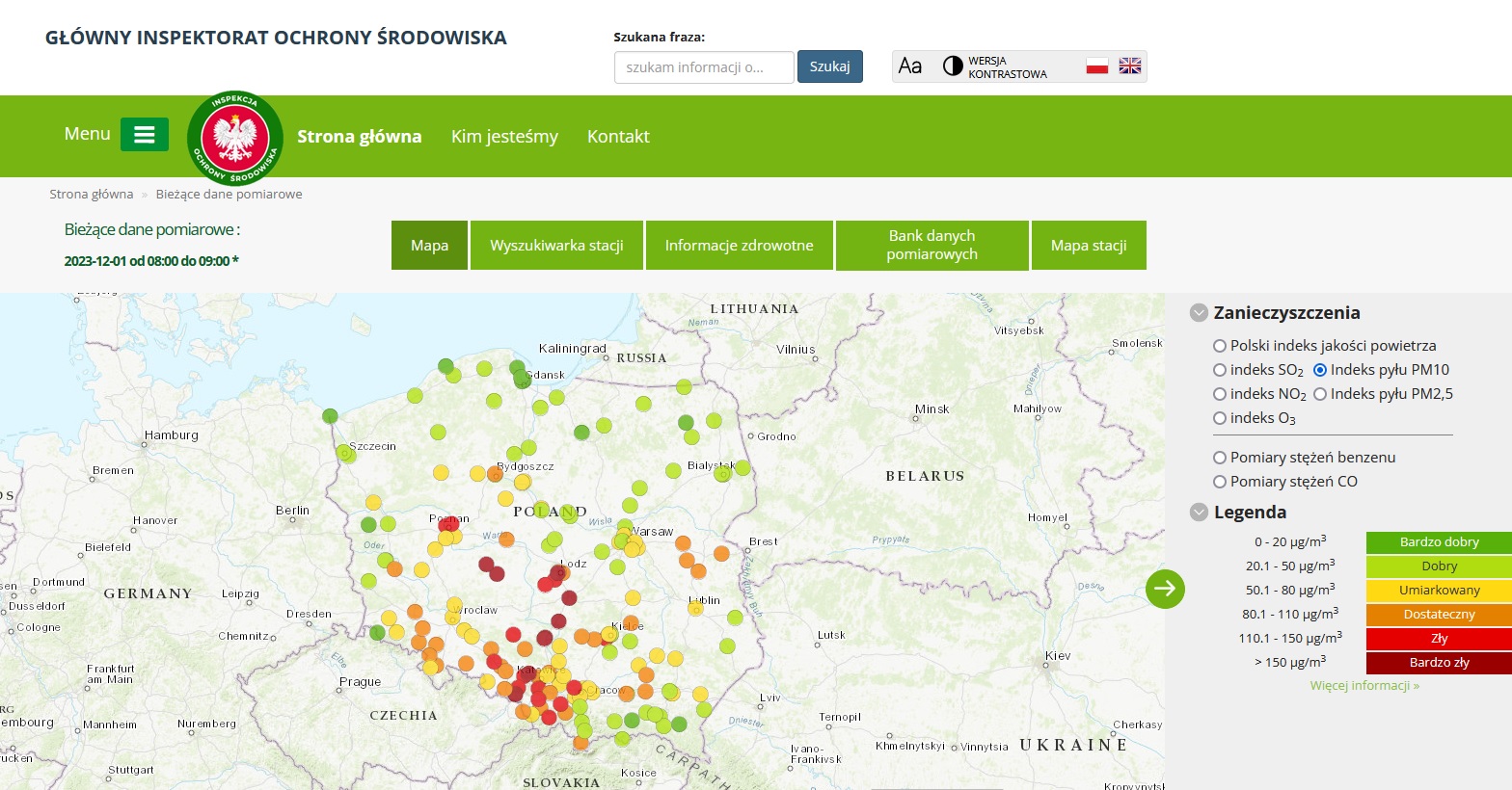 Mapa prezentująca Indeks jakości powietrza dla pyłu zawieszonego PM10, dane pomiarowe z godz. 9:00 1 grudnia, https://powietrze.gios.gov.pl/pjp/current