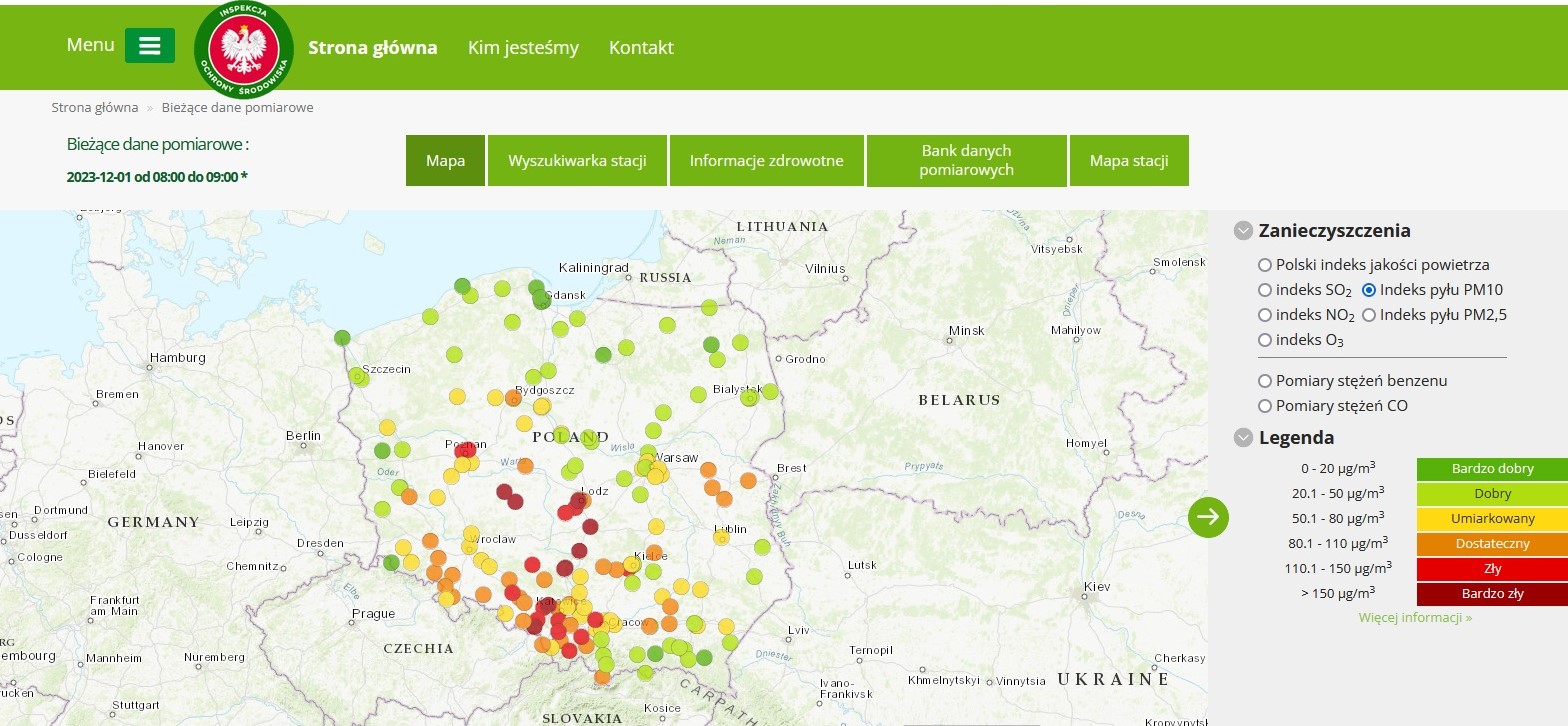 Mapa prezentująca Indeks jakości powietrza dla pyłu zawieszonego PM10, dane pomiarowe z godz. 9:00 1 grudnia, https://powietrze.gios.gov.pl/pjp/current 