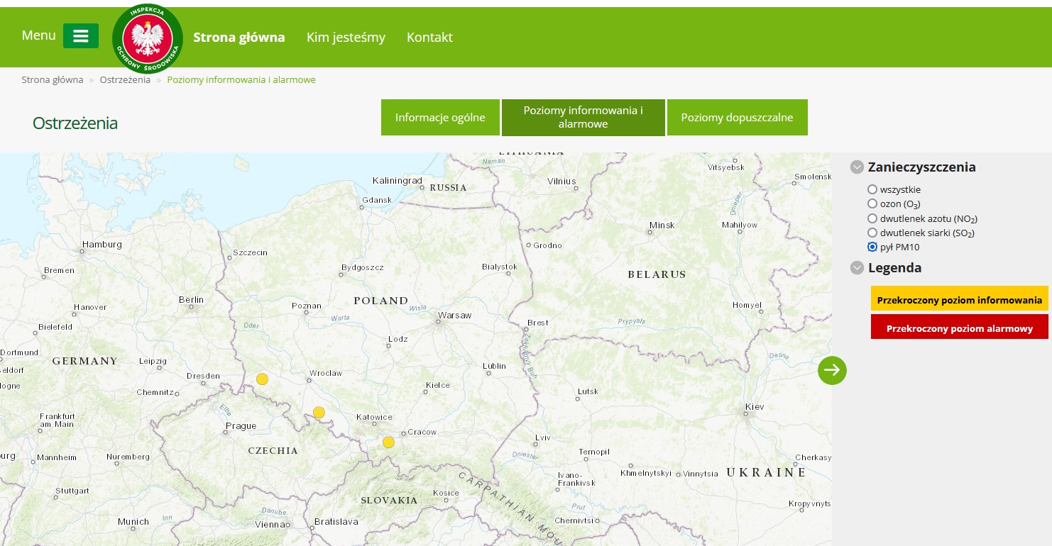 Mapa ostrzeżeń prezentująca informacje o wystąpieniu przekroczeń poziomu informowania dla pyłu zawieszonego PM10 w dniu 5 grudnia 