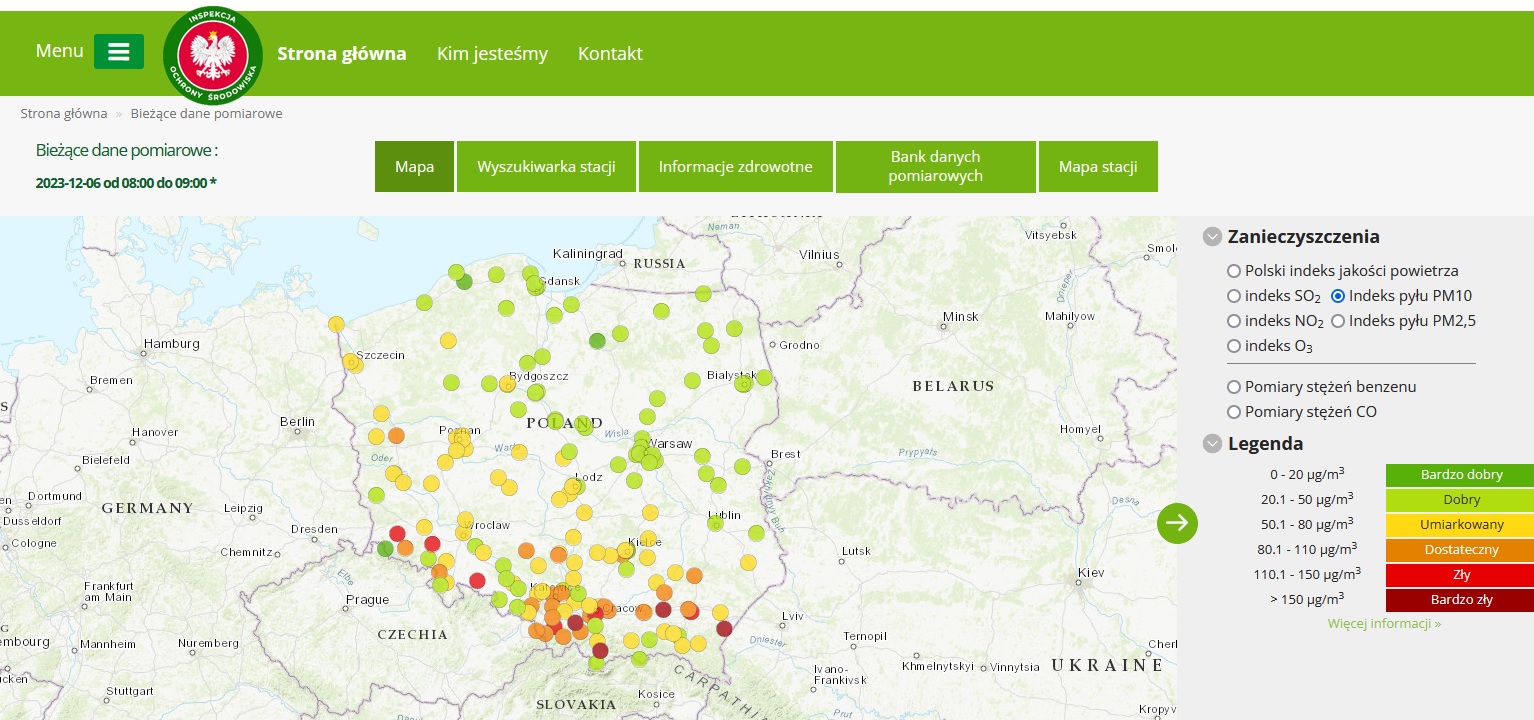 Mapa prezentująca Indeks jakości powietrza dla pyłu zawieszonego PM10, dane pomiarowe z godz. 9:00  6 grudnia br