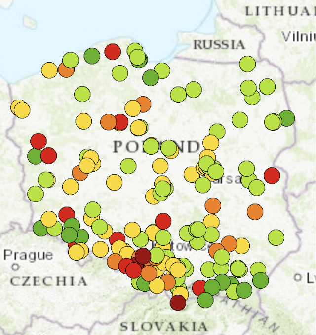 Na terenie całego kraju w dużych miastach indeks ma kategorię Zły, szczególnie wysokie wartości odnotowano na śląsku - Indeks Bardzo zły, ogólnie dominuje indeks Dobry i Umiarkowany.