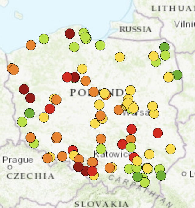 Na terenie niemal całego kraju  indeks mieści się w kategoriach od Umiarkowany do Bardzo zły, Dobry jedynie na krańcach. 