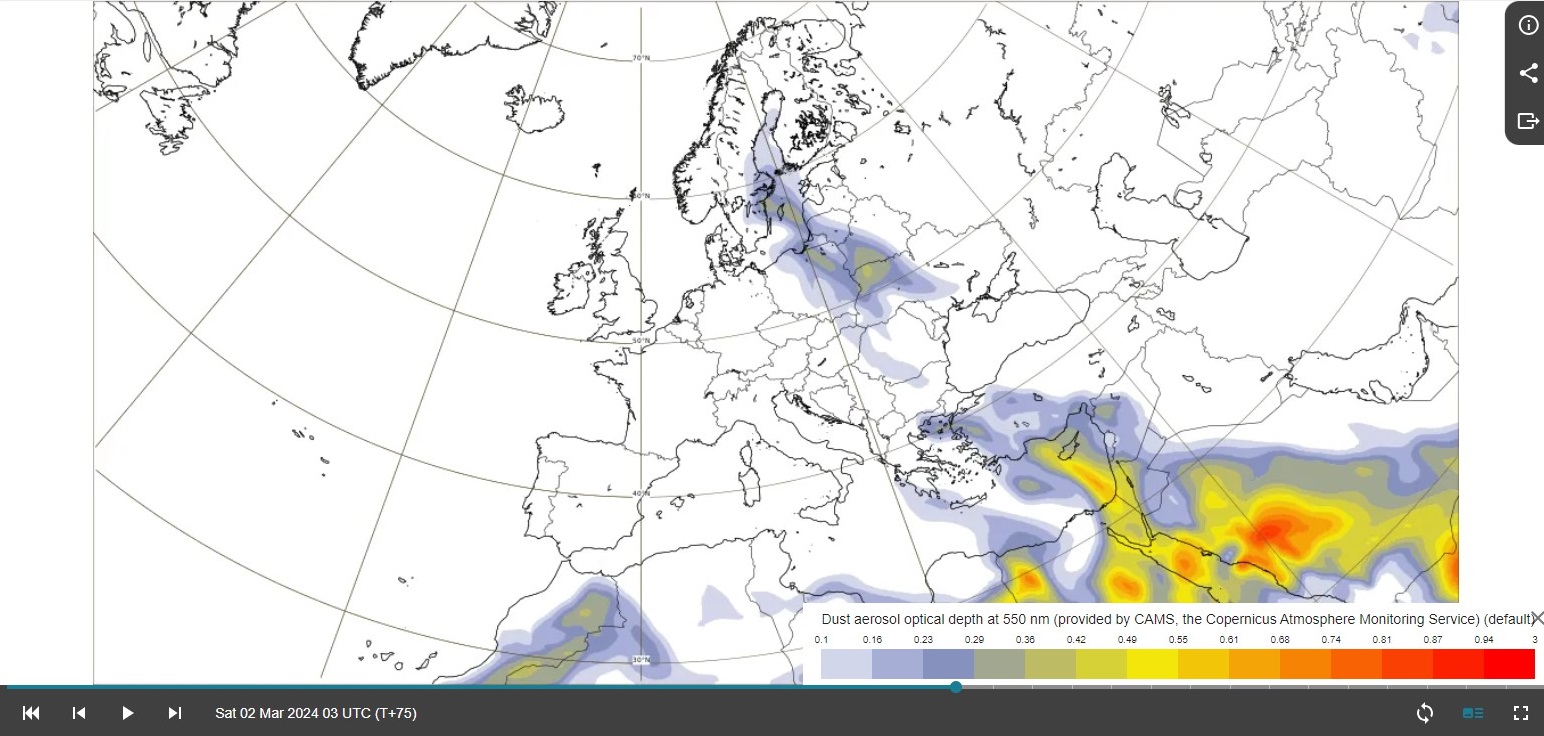 Prognozowany rozkład stężeń pyłów zawieszonych na godz. 03:00 UTC 