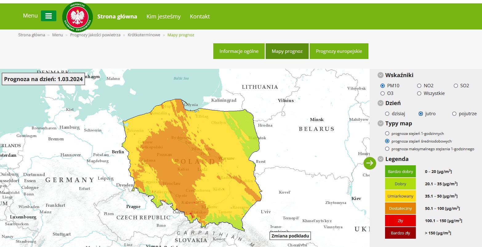 Prognoza stężeń średniodobowych pyłu zawieszonego PM10 na dzień 01 marca br