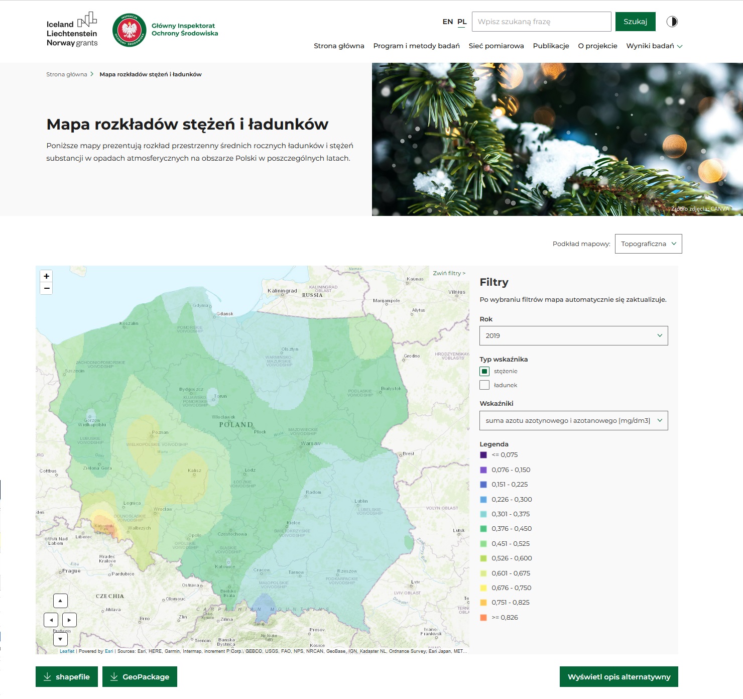 Widok podstrony z mapą rozkłądów stężeń i ładunków