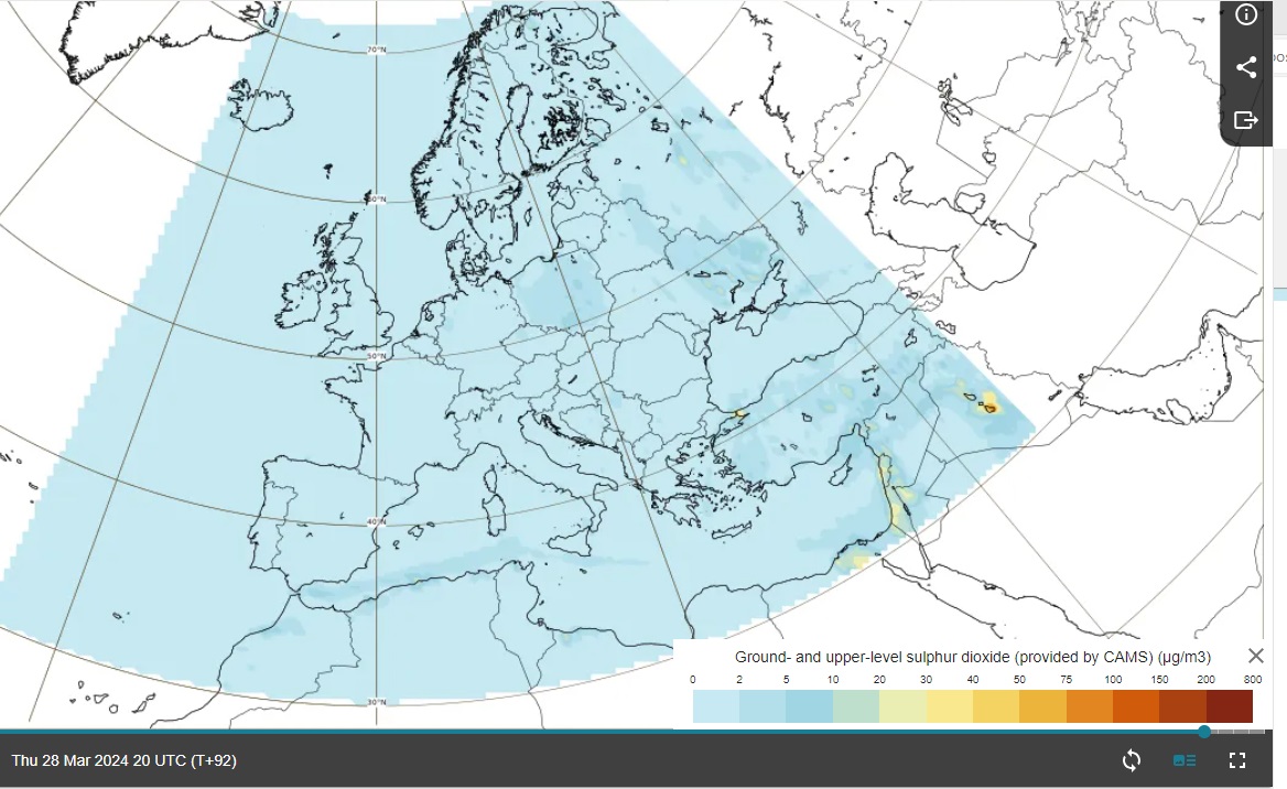 Mapa prognoz SO2 wykazująca brak ryzyka dużych stężeń