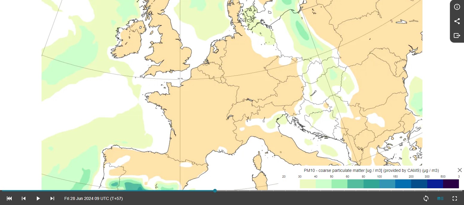 Prognozowany rozkład stężeń pyłów zawieszonych na i 09:00 UTC  28 czerwca - najwyższe stężenia w centrum krajubr., 