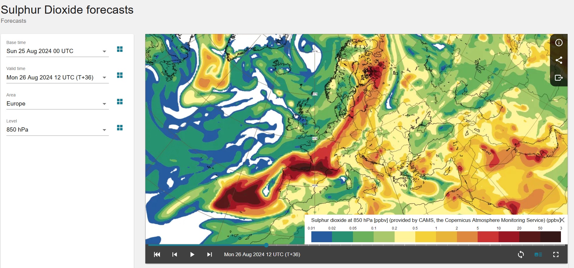Mapa prognoz zawartości dwutlenku siarki w atmosferze na wysokości ok. 1500 m (850 hPa) na poniedziałek 26 sierpnia godz. 12 UTC