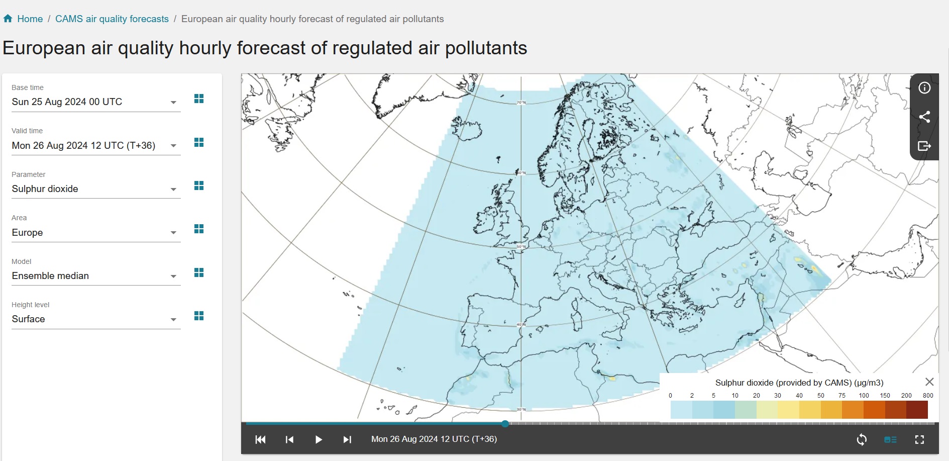 Mapa prognoz jakości powietrza dla dwutlenku siarki przy powierzchni na poniedziałek 26 sierpnia godz. 12 UTC