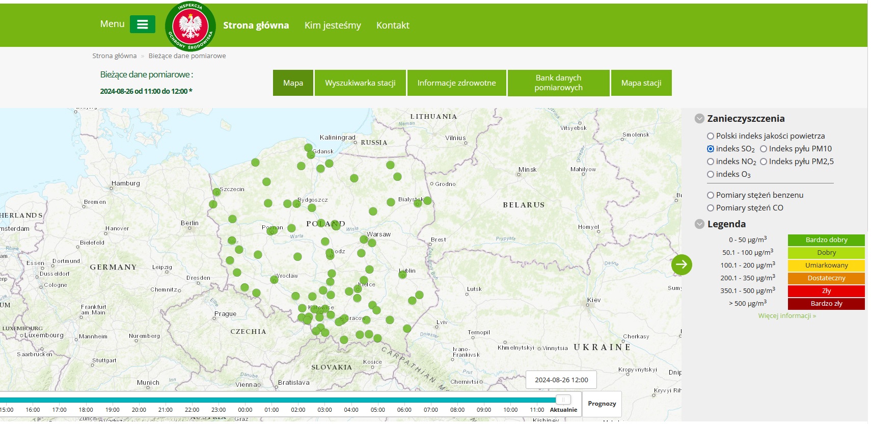 Mapa prezentująca Indeks jakości powietrza dla dwutlenku siarki