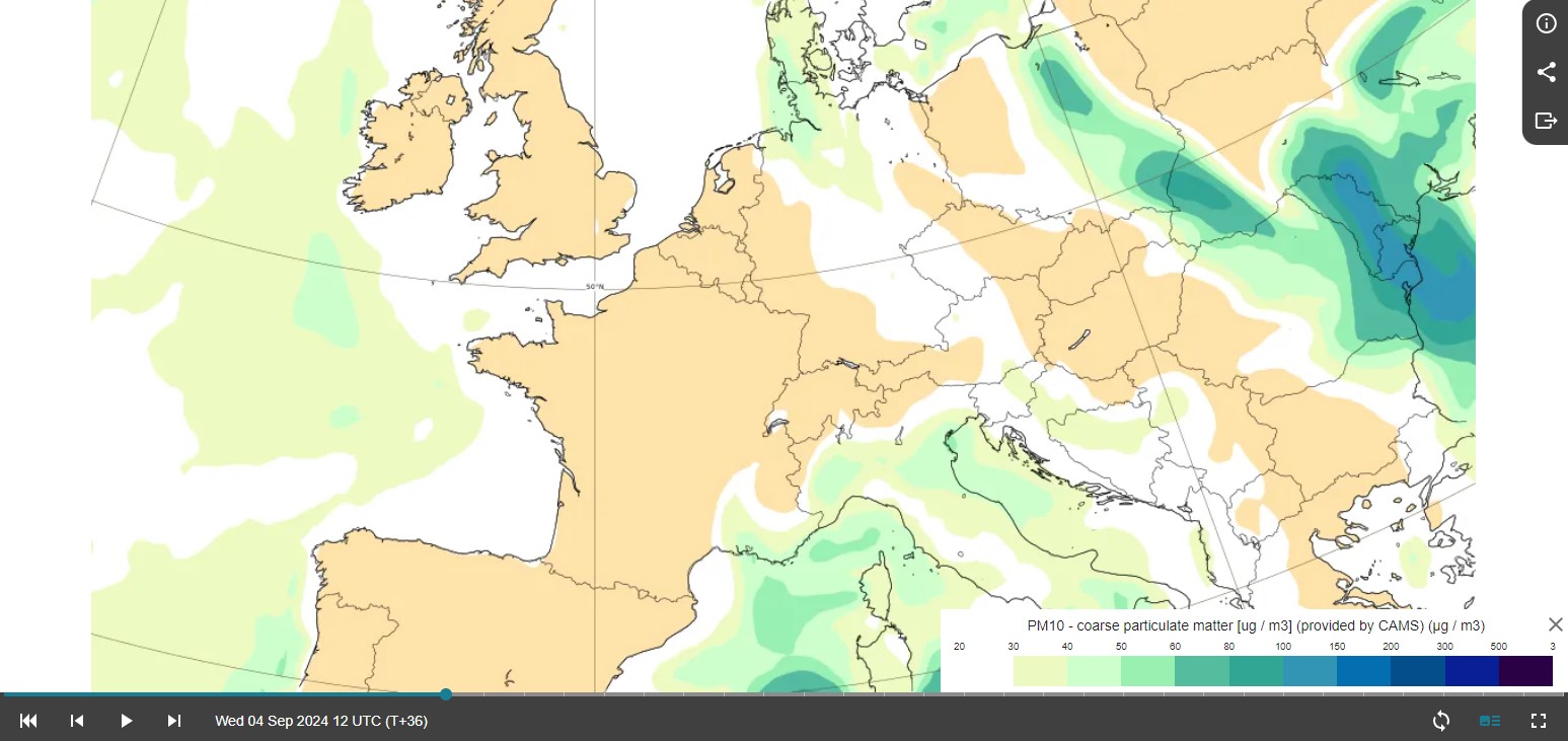 Prognozowany rozkład stężeń pyłu zawieszonego PM10 na godz. 12:00 UTC 