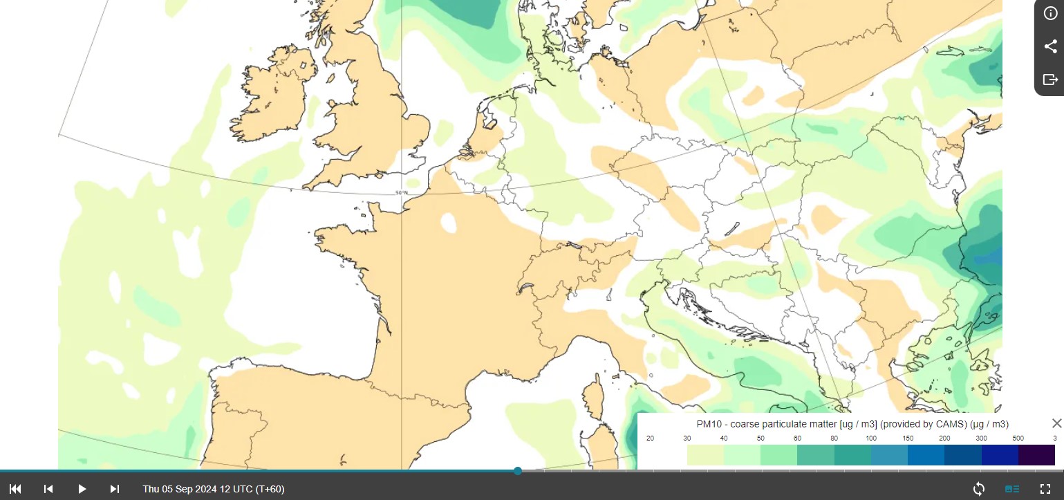 Prognozowany rozkład stężeń pyłu zawieszonego na godz. 12:00 UTC mapa powyżej