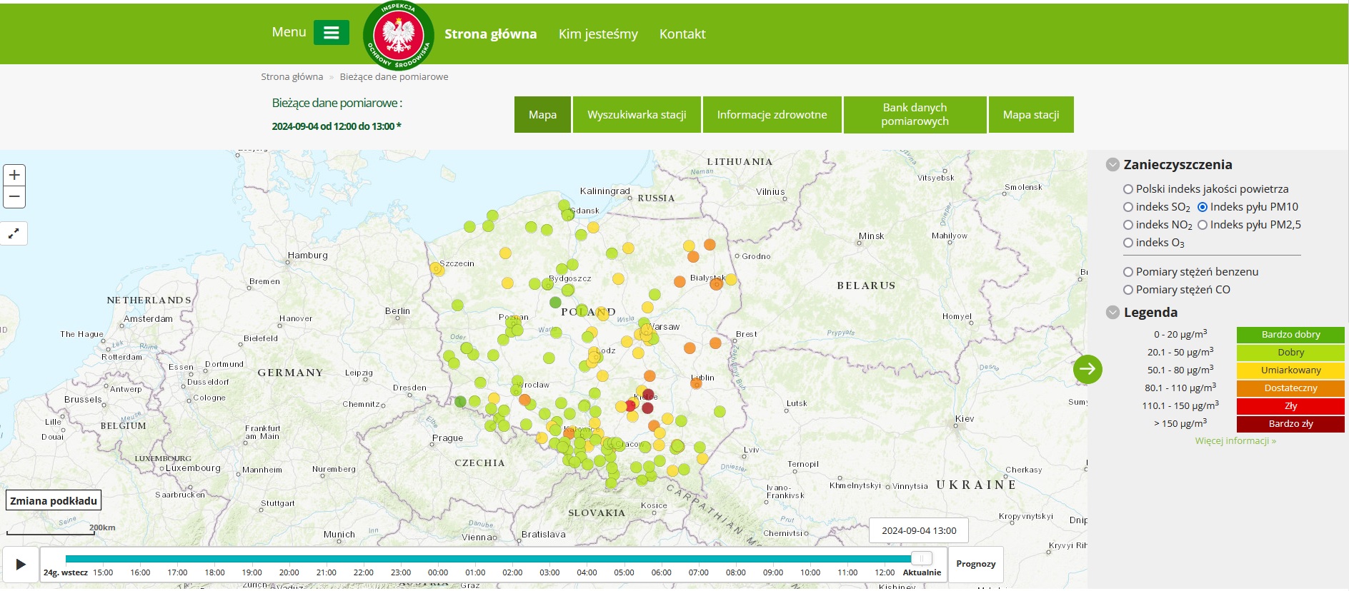 Mapa prezentująca Indeks jakości powietrza dla pyłu zawieszonego PM10