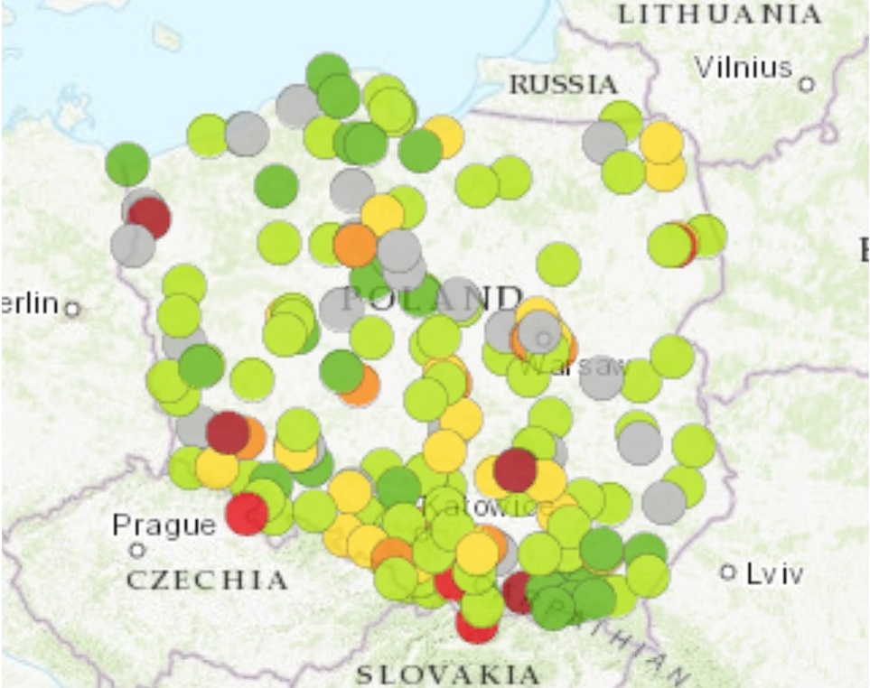 Polski indeks jakości powietrza obliczony w oparciu o wyniki pomiarów wykonanych między godz. 00:00 a 01:00 w dniu 01.01.2025 r.