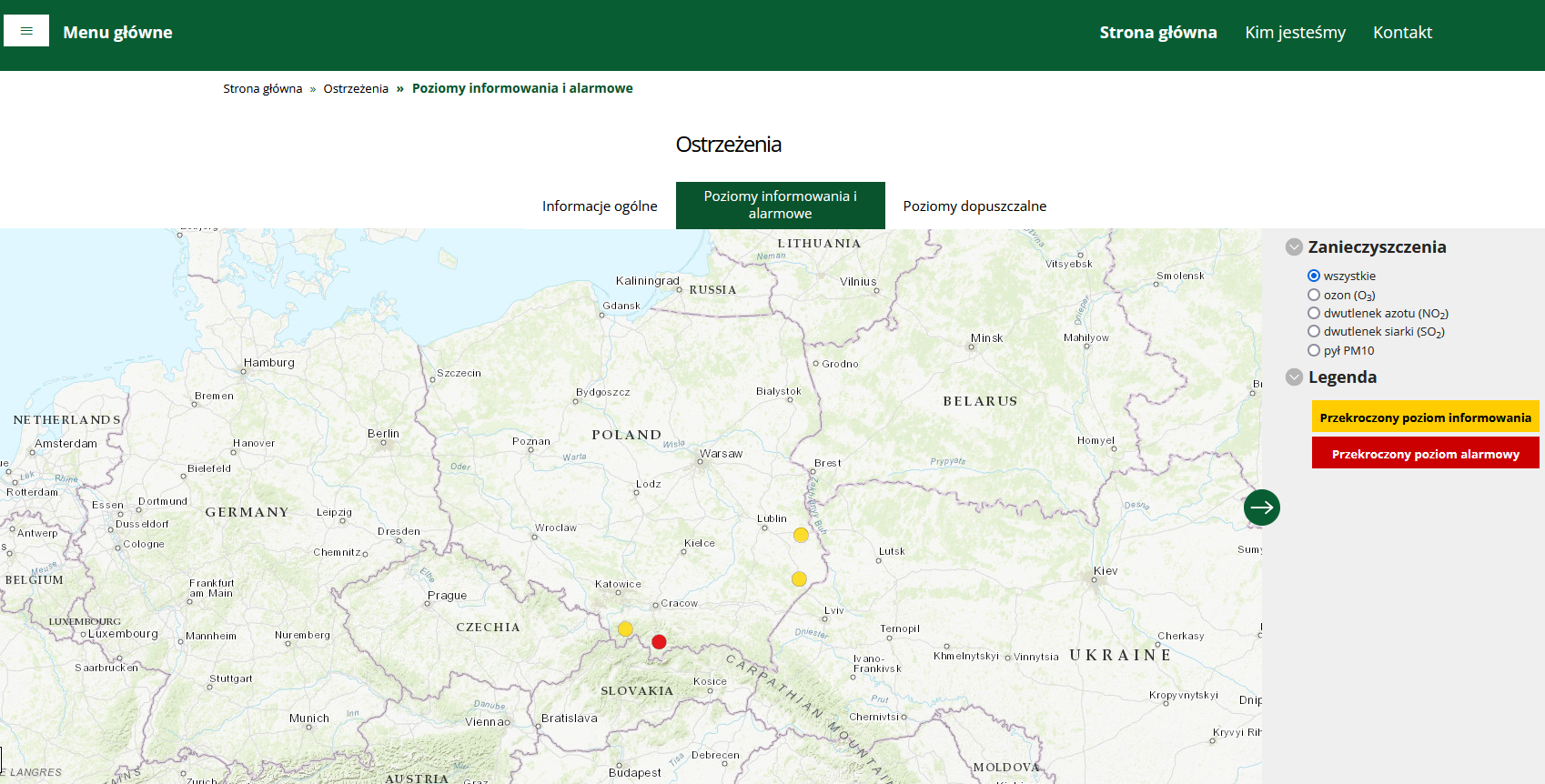 Mapa ostrzeżeń prezentująca informacje o wystąpieniu przekroczeń poziomu informowania i alarmowego dla pyłu zawieszonego PM10 w dniu 21 stycznia br