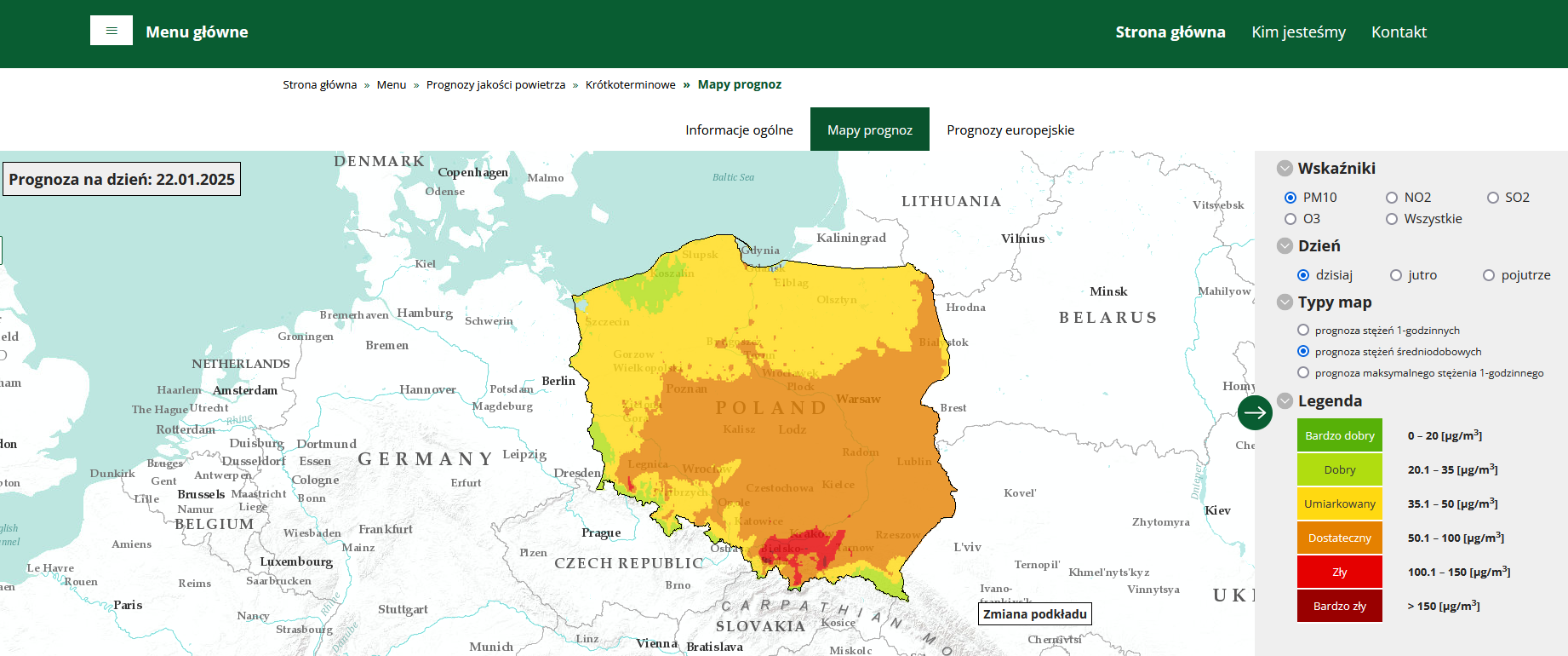 Mapa prezentująca Indeks jakości powietrza dla pyłu zawieszonego PM10, dane pomiarowe z godz. 9:00  22 stycznia 2025 r.