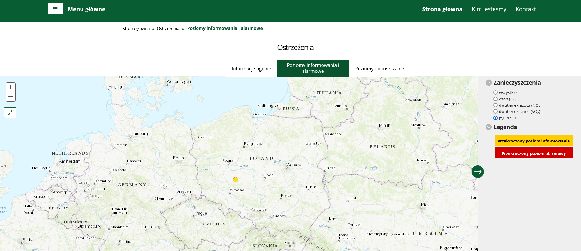 Mapa ostrzeżeń prezentująca informacje o wystąpieniu przekroczeń poziomu informowania dla pyłu zawieszonego PM10 w dniu 16 lutego br