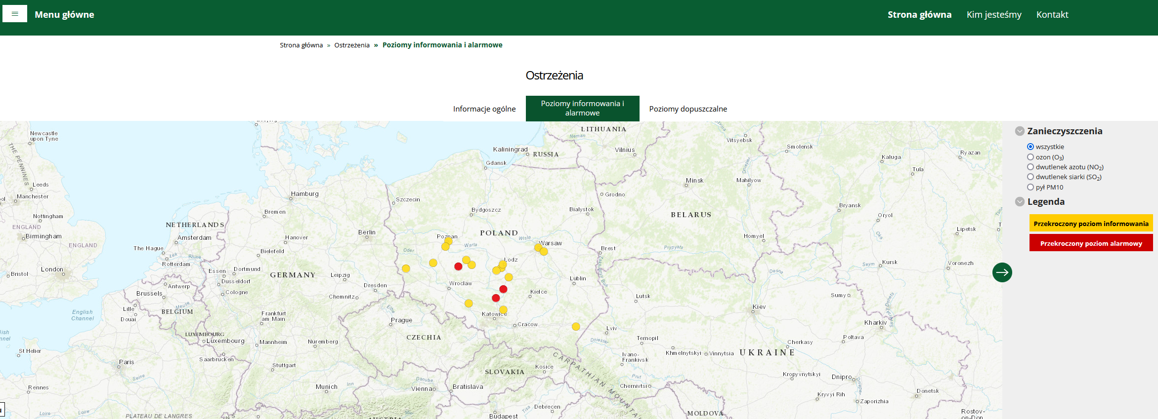 Mapa ostrzeżeń prezentująca informacje o wystąpieniu przekroczeń poziomu informowania i alarmowego dla pyłu zawieszonego PM10 w dniu 17 lutego br