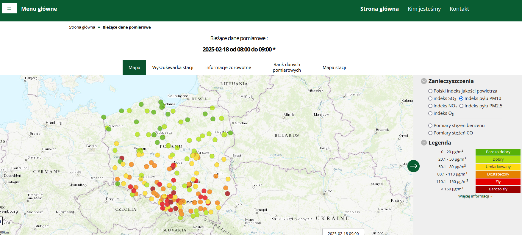 Mapa prezentująca Indeks jakości powietrza dla pyłu zawieszonego PM10, dane pomiarowe z godz. 9:00  18 lutego 2025 br