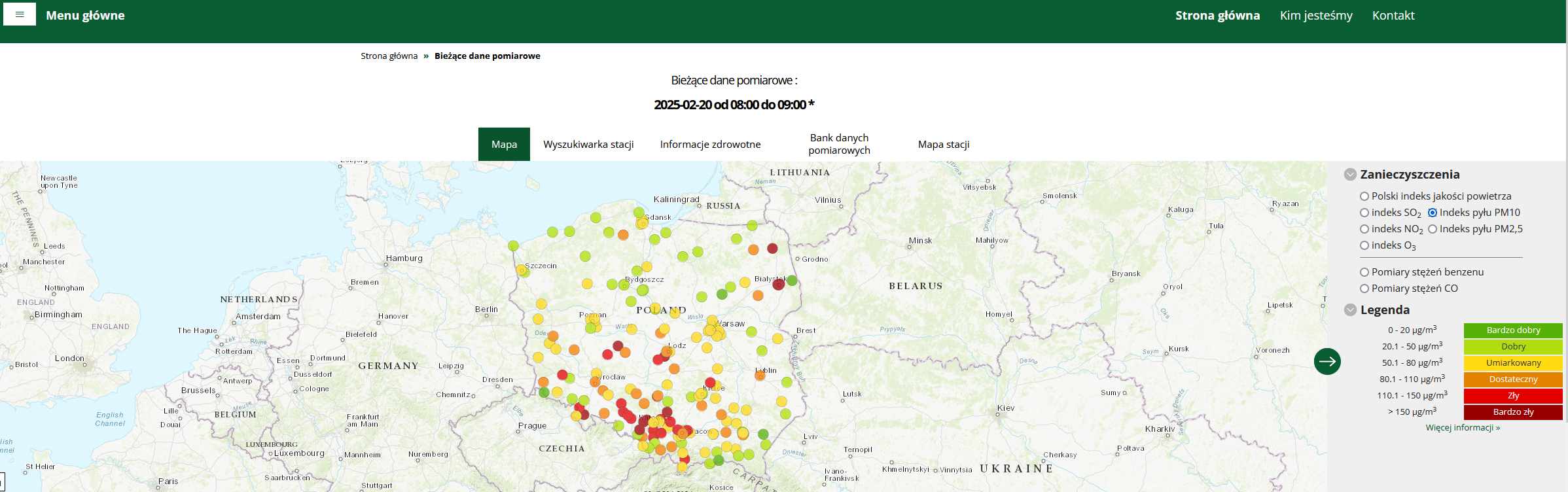 Mapa bieżących danych pomiarowych